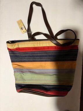 Striped Multi-Color Canvas Tote Bag with Brown Handles